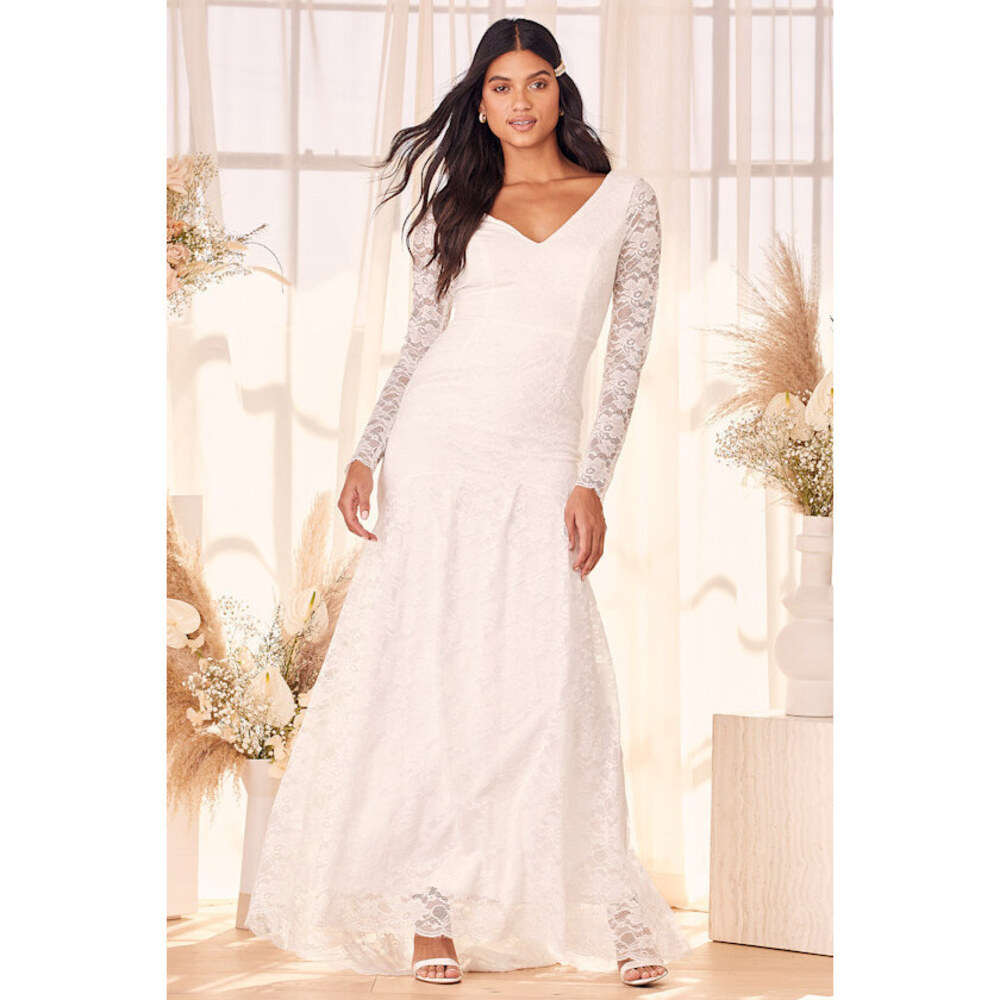 Lulus Make It Last Forever White Lace Long Sleeve Mermaid Maxi Dress - Size M